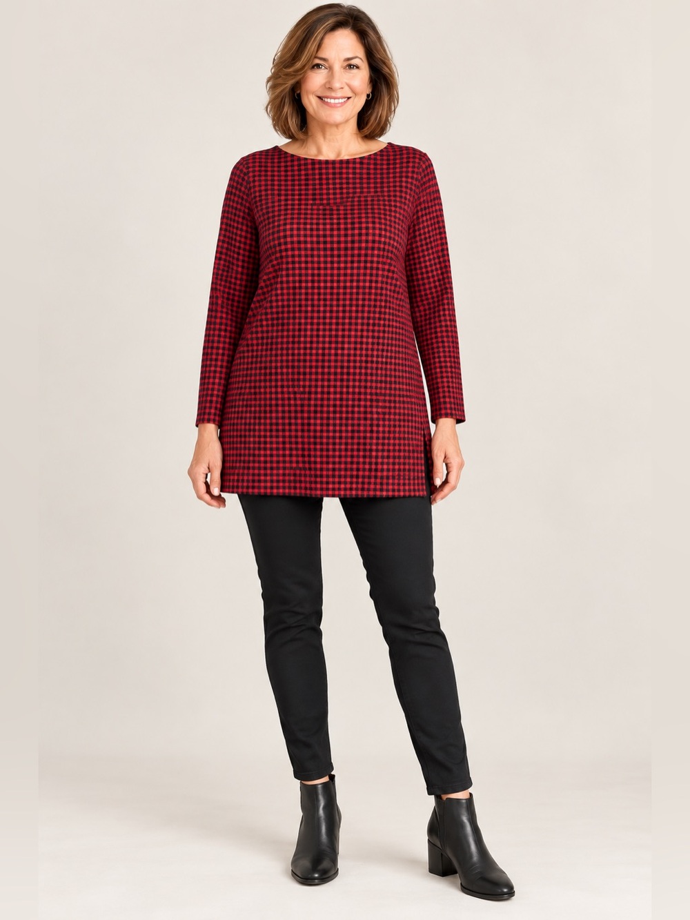 J.Jill Tunic Top M Luxe Supima Red Black Check Plaid EUC